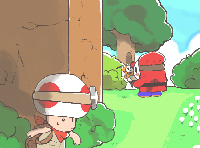 amphibian backpack blush body_pillow brown_hair captain_toad clothing female hair inkerton-kun male mario_bros nintendo outside panties pillow shyguy sneaking sweat toad tree underwear video_games