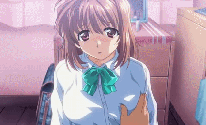 1boy 1girl animated animated_gif blush bow breast_squeeze breasts brown_eyes brown_hair desk kawai_rie looking_at_viewer lovers pov shirt short_hair