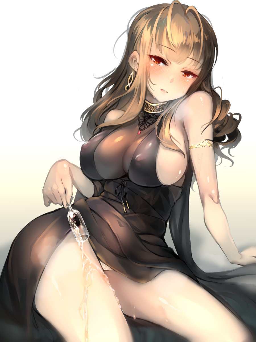 ahoge alcohol alternate_costume arm_support armlet bangs bare_shoulders black_dress blunt_bangs blush breasts breathing brown_hair champagne champagne_flute cleavage commentary_request covered_nipples cup dress drinking_glass dsr-50_(girls_frontline) eyebrows_visible_through_hair girls_frontline hair_ornament half-closed_eyes highres holding holding_cup jewelry large_breasts long_hair looking_at_viewer open_mouth panties pouring red_eyes sidelocks sitting smile solo sweat thighs underwear usuki_(graygreed) very_long_hair white_panties