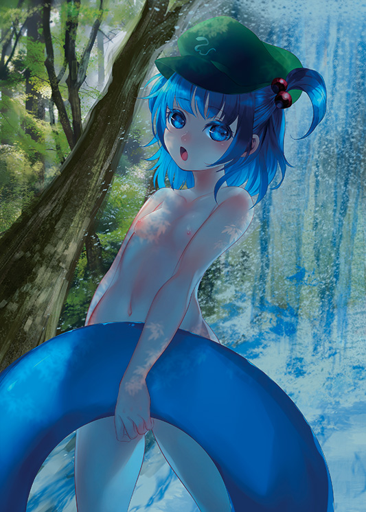 bad_id bad_pixiv_id blue_eyes blue_hair blush breasts convenient_censoring hair_bobbles hair_ornament hat innertube kawashiro_nitori looking_at_viewer nature navel nipples nude open_mouth silentdin small_breasts solo touhou tree_shade twintails two_side_up water waterfall
