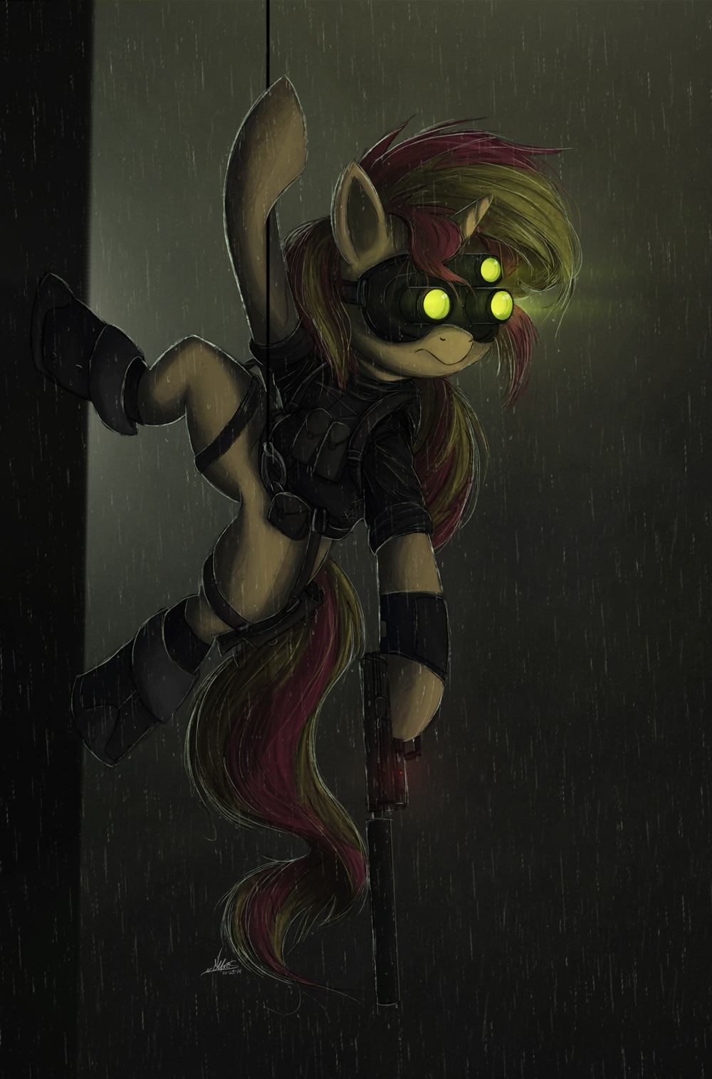 2014 blonde_hair clothing equestria_girls equine eyewear female fn_fiveseven goggles gun hair handgun horn mammal my_little_pony ncmares night_vision_goggles raining ranged_weapon red_hair rope silencer sunset_shimmer_(eg) unicorn weapon