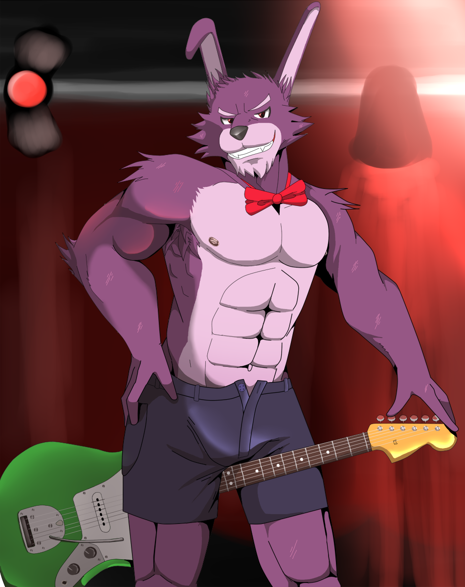 abs biceps bonnie_(fnaf) clothed clothing danuelragon34_(artist) five_nights_at_freddy's half-dressed lagomorph male mammal muscles pecs rabbit topless video_games