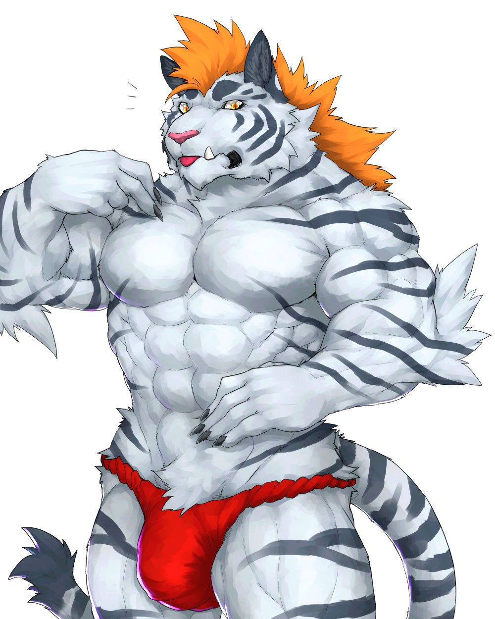 abs anthro biceps bulge captainjohkid clothed clothing feline fundoshi hair japanese_clothing male mammal mohawk muscular muscular_male orange_hair pecs solo tiger tongue tongue_out topless underwear white_tiger