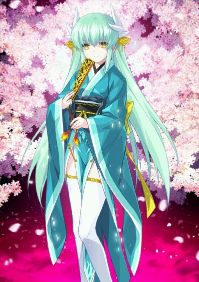 black_(artist) cherry_blossoms fate/grand_order fate_(series) green_hair japanese_clothes kiyohime_(fate/grand_order) long_hair official_art solo thighhighs tree very_long_hair