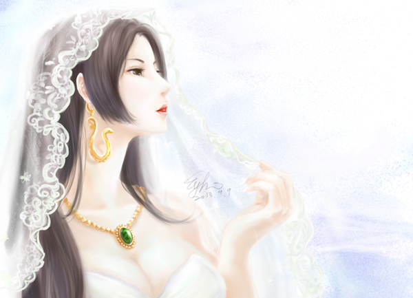 2013 boa_hancock breasts bridal_veil bride cleavage dated dress earrings eykihan gem jewelry large_breasts lipstick long_hair makeup necklace nose one_piece pale_skin pendant portrait sidelocks snake_earrings solo veil wedding_dress