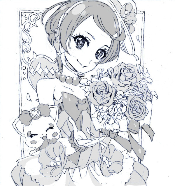 davi_(dokidoki!_precure) dokidoki!_precure dress flower greyscale hat headset idol jewelry kenzaki_makoto looking_at_viewer microphone monochrome necklace nobita outstretched_hand pearl_necklace precure ribbon rose short_hair smile solo traditional_media