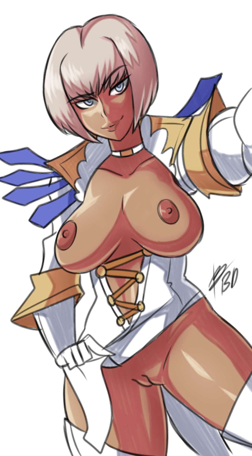 bigdead93 blue_eyes bob_cut boots breastless_clothes breasts dark_nipples dark_skin devil_may_cry devil_may_cry_4 exhibitionism gloria_(devil_may_cry) gloves highres large_breasts lips nipples no_panties pelvic_curtain pussy raised_eyebrow reaching_out self_shot short_hair silver_hair solo thigh_boots thighhighs uncensored white_gloves