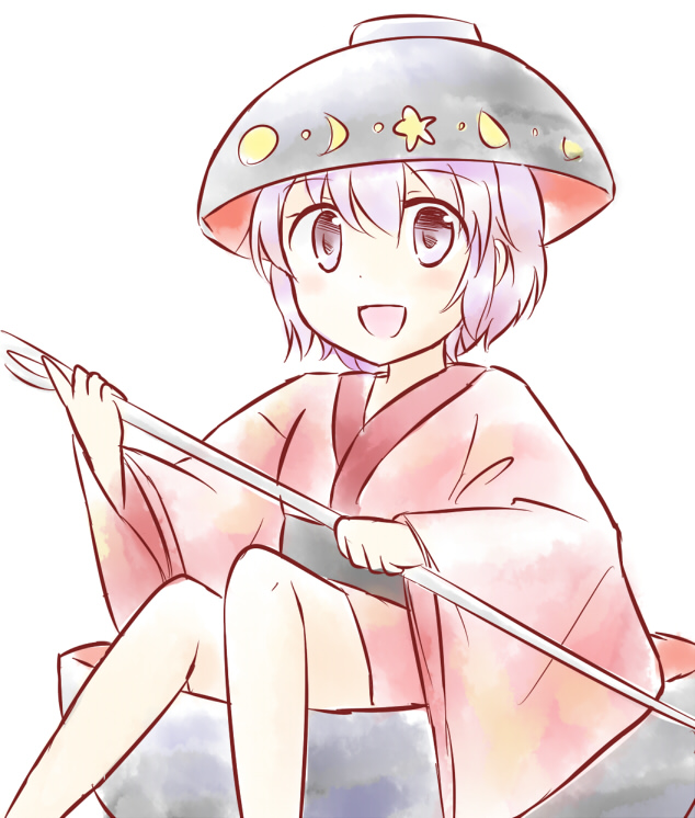 bowl bowl_hat hat holding_needle japanese_clothes kimono looking_at_viewer needle open_mouth puchimirin purple_eyes purple_hair sitting solo sukuna_shinmyoumaru touhou