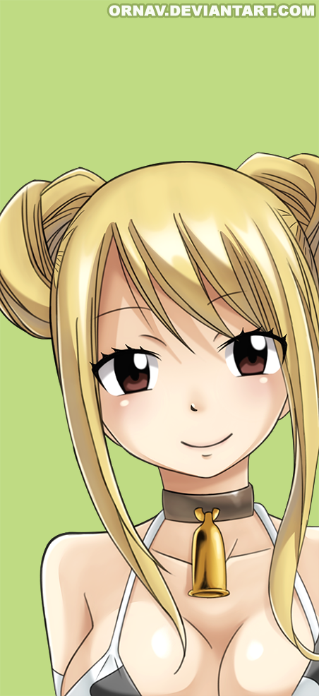 1girl bell blonde_hair blush bra breasts brown_eyes collar cow_bell cow_print fairy_tail form lucy_heartfilia simple_background smile solo taurus_form underwear