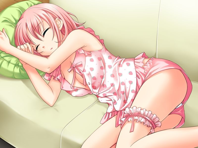 alternate_hairstyle amamoto_fuuka armpits ass bangs bow breasts buttons cleavage closed_eyes couch covered_nipples dutch_angle food_print frills game_cg ginta hair_down indoors leg_garter long_legs lying medium_breasts on_couch on_side pajamas panties panty_peek parted_lips pillow pink_hair short_hair short_shorts shorts sleeping sleeveless solo strawberry_print sugar+spice! sugar+spice_2 unbuttoned underwear underwear_only white_panties