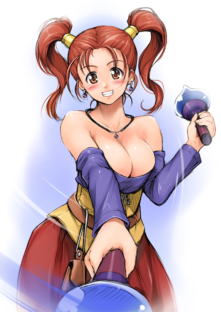 bare_shoulders blush breasts brown_eyes brown_hair cleavage corset dragon_quest dragon_quest_viii dress earrings grin jessica_albert jewelry large_breasts purple_shirt shinozuka_jouji shirt smile solo strapless strapless_dress twintails