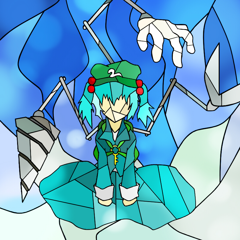 drill faux_traditional_media hair_bobbles hair_ornament kawashiro_nitori koutyousan mechanical_arm solo stained_glass touhou two_side_up