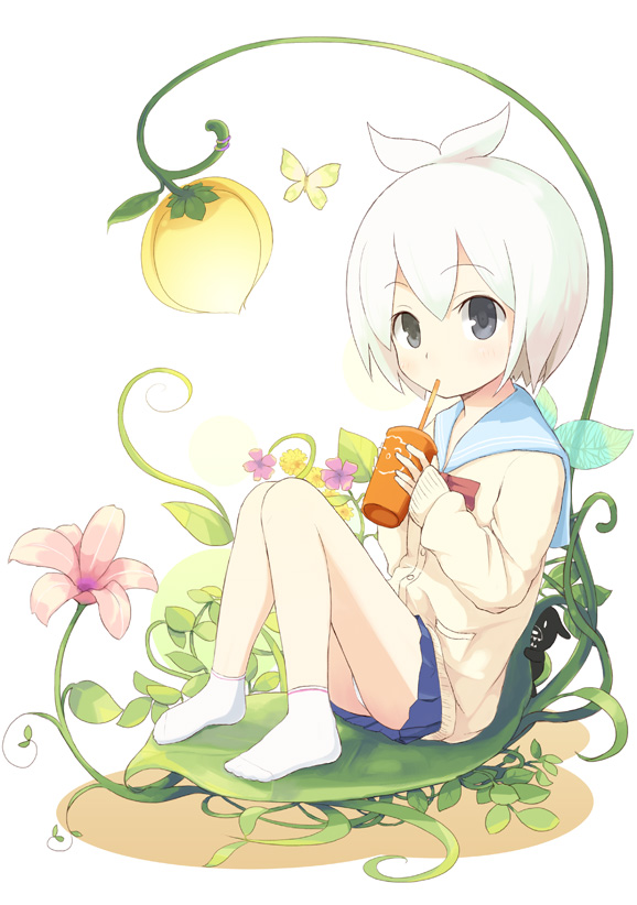 1girl cardigan copyright_request drinking drinking_straw feet flower leaf sakusaku school_uniform serafuku sitting skirt socks solo white_hair