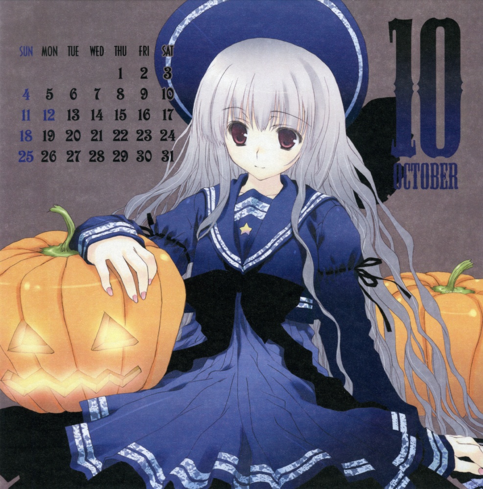 calendar_(medium) copyright_request grey_background hat jack-o'-lantern mitsumi_misato october pumpkin silver_hair solo
