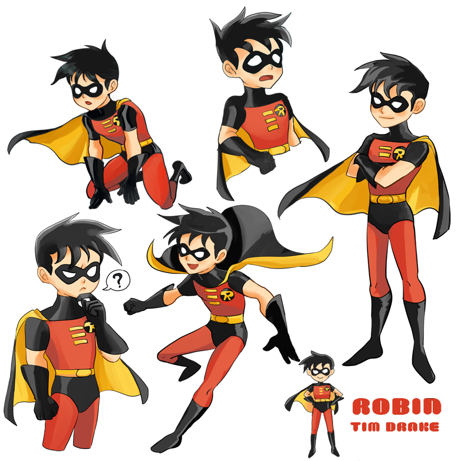 1boy ? batman_(series) belt black_gloves black_hair black_shoes boots cape character_name crossed_arms dc_comics dcau domino_mask gloves kneeling male_focus mask multiple_views robin_(dc) shoes simple_background smirk solo tim_drake