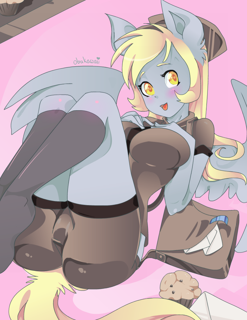 anthro anthrofied blonde_hair blush breasts butt clothing derpy_hooves_(mlp) equine female food friendship_is_magic hair hat kneesocks mammal muffin my_little_pony obakawaii pegasus pose smile solo tight_clothing wings yellow_eyes