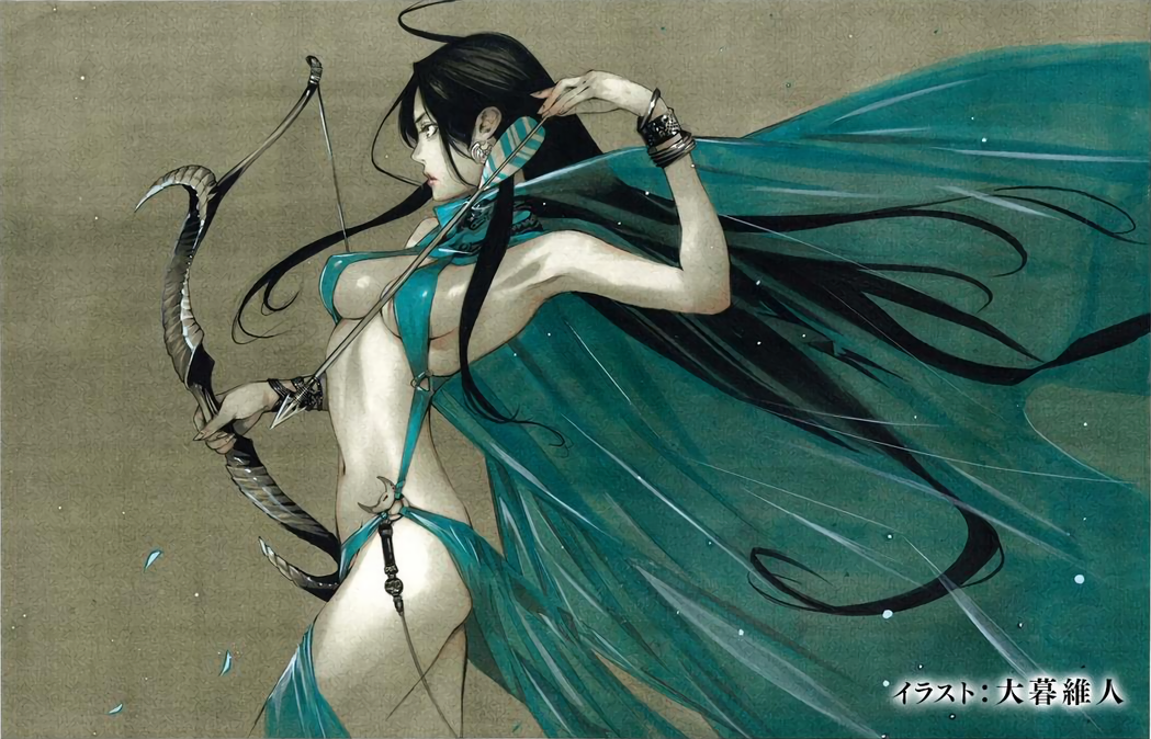 arslan_senki black_hair bow_(weapon) breasts cape covered_nipples earrings falangies from_side jewelry long_hair medium_breasts official_art oogure_ito screencap solo weapon