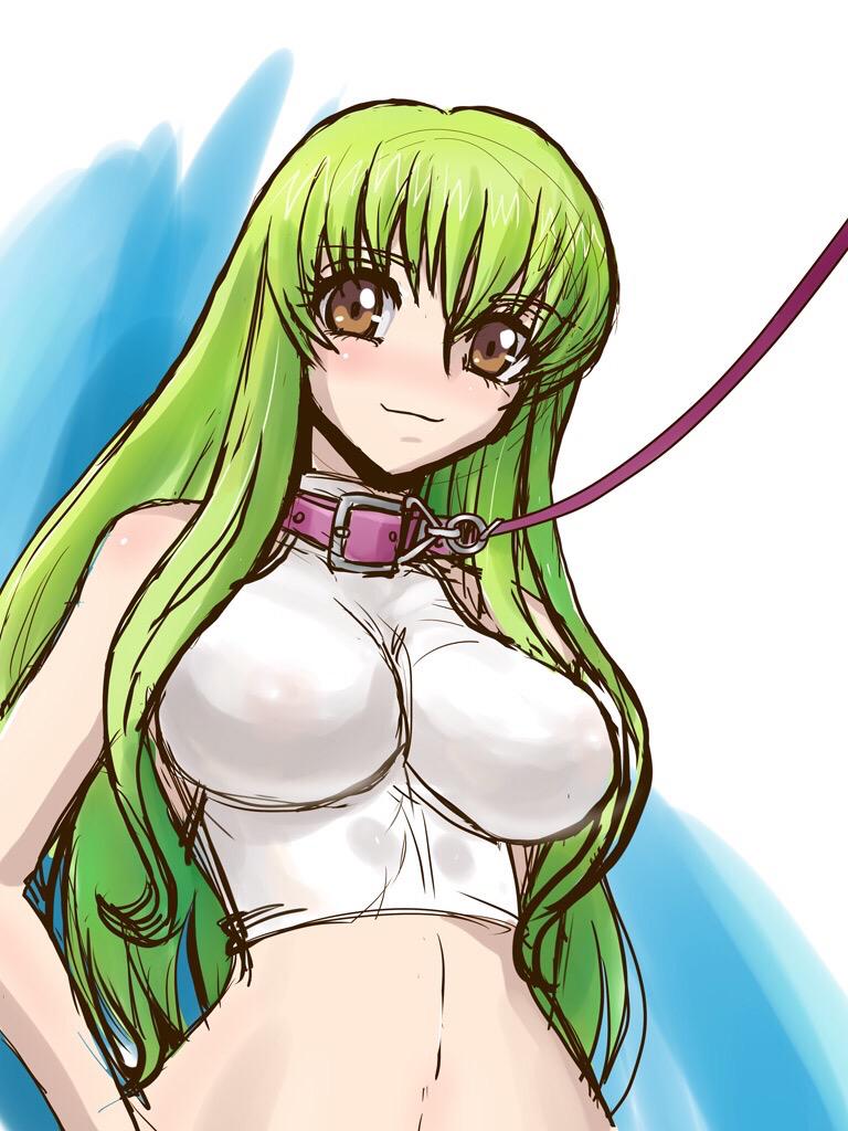 blush breasts brown_eyes c.c. code_geass collar dog_collar green_hair halter_top halterneck impossible_clothes large_breasts leash light_smile long_hair sketch solo zero_hime