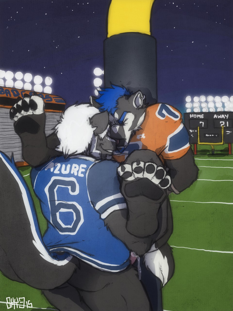 2015 anal azure_(bluedude) badger black_fur blue_hair bottomless clothed clothing cobaltbadger_(character) cum duo ear_piercing eyes_closed feet football fur hair half-dressed hands_behind_back jersey male male/male mammal mustelid outside pawpads penis piercing sex skunk sky3 smile stand_and_carry_position standing white_fur white_hair