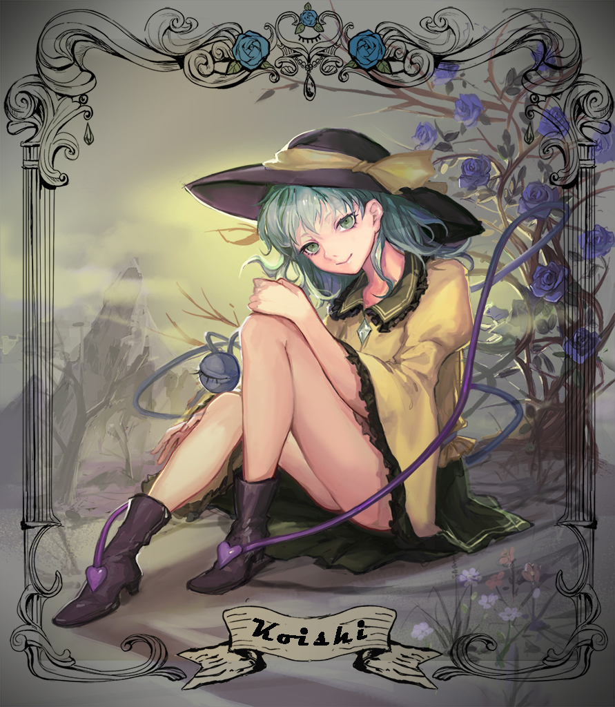 blouse boots character_name commentary_request flower green_eyes green_hair green_skirt hat komeiji_koishi long_sleeves looking_at_viewer purple_flower purple_rose rose sitting skirt smile solo text_focus third_eye touhou wide_sleeves xiezhua_(amyoy) yellow_blouse
