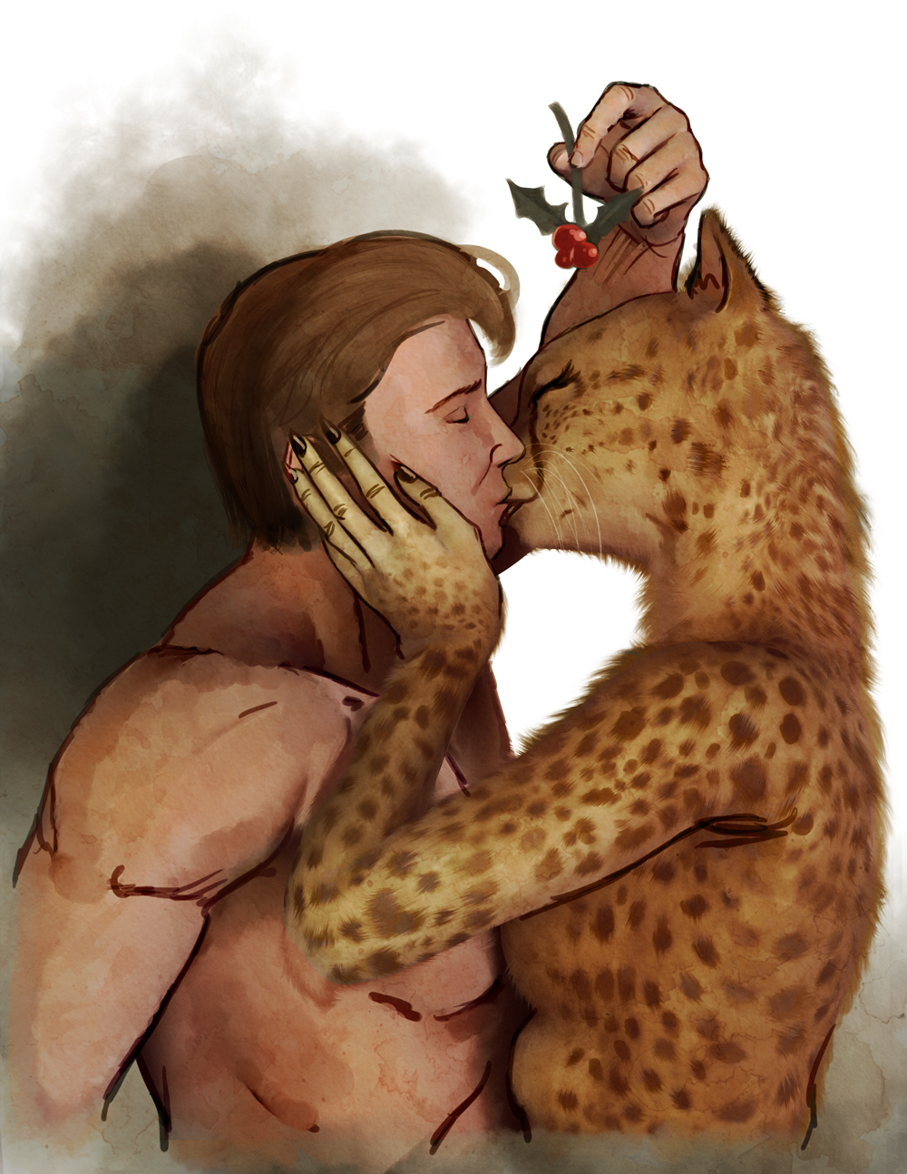 abstract_background brown_hair cheetah claws duo eyes_closed feline female fur hair hattonslayden holding human interspecies kissing male male/female mammal mistletoe nude plant simple_background spots tender whiskers yellow_fur