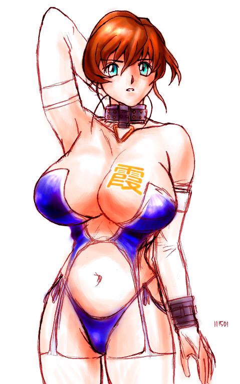 arm_up bare_shoulders bikini blue_eyes breast_tattoo breasts bridal_gauntlets brown_hair bustier cleavage collar cowboy_shot dead_or_alive elbow_gloves garter_straps gloves huge_breasts kasumi_(doa) navel revealing_clothes short_hair side-tie_bikini solo swimsuit tattoo thighhighs white_legwear zero_hime