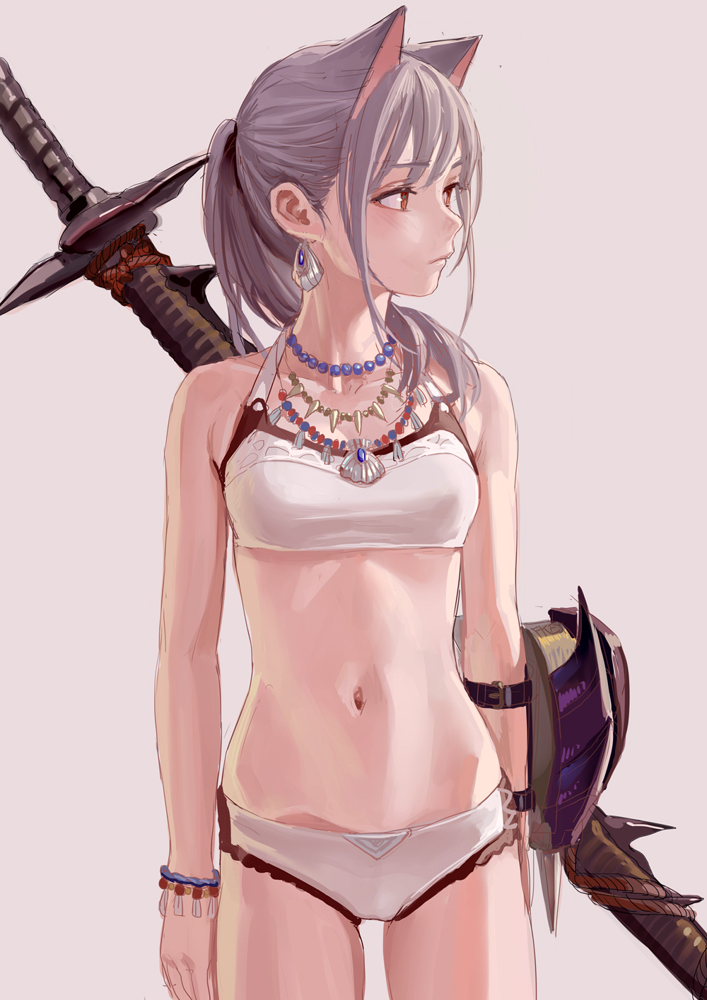 1girl animal_ears bandeau bangs bare_arms bare_shoulders bead_necklace beads bikini breasts cat_ears collarbone commentary cowboy_shot earrings extra_ears eyebrows_visible_through_hair feiqizi_(fkey) fkey grey_background halterneck highres jewelry long_hair monster_hunter monster_hunter:_world navel necklace original ponytail red_eyes scabbard sheath sheathed shell_earrings sidelocks silver_hair simple_background small_breasts solo standing stomach swimsuit sword thighs weapon weapon_on_back white_bikini