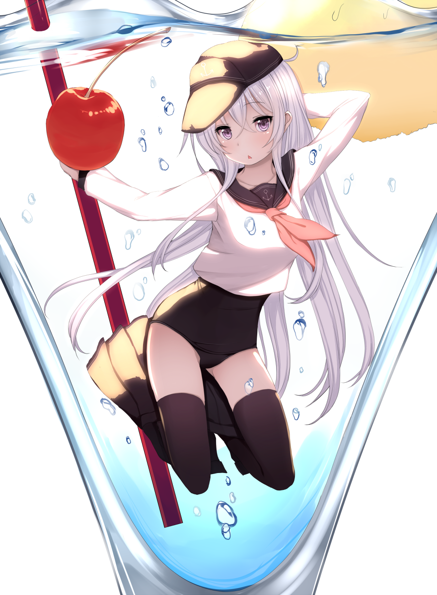 :&lt; anchor anchor_symbol arm_behind_head arm_up black_legwear blue_eyes check_commentary cherry commentary_request cup drinking_glass drinking_straw food fruit hat hibiki_(kantai_collection) highres kantai_collection kiyomin long_hair looking_at_viewer minigirl open_mouth pineapple school_swimsuit school_uniform serafuku silver_hair skirt skirt_removed solo swimsuit swimsuit_under_clothes triangle_mouth underwater water
