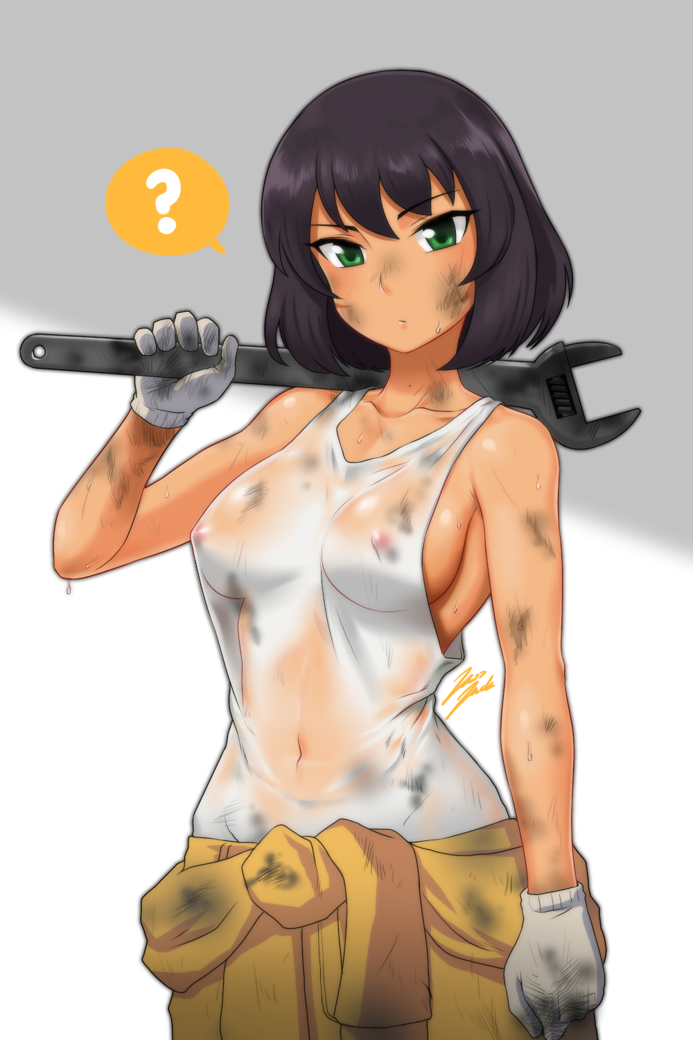 1girl ? artist_name bangs breasts brown_hair closed_mouth clothes_around_waist collared_blouse covered_navel dark_skin dirty dirty_clothes dirty_face erect_nipples frown girls_und_panzer green_eyes highres holding hoshino_(girls_und_panzer) jazzjack jumpsuit long_sleeves looking_at_viewer mechanic medium_breasts nipples no_bra orange_jumpsuit over_shoulder see-through shirt short_hair signature simple_background solo spoken_question_mark sweat tank_top tied_shirt uniform upper_body wet wet_clothes wet_shirt white_background white_shirt wrench