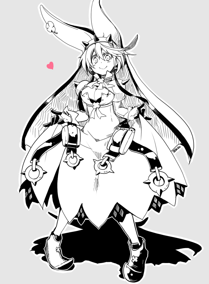 bad_id bad_pixiv_id belt breasts cleavage curtsey dress elphelt_valentine gloves greyscale guilty_gear guilty_gear_xrd hat heart kuro_yuzu large_breasts monochrome short_hair smile solo