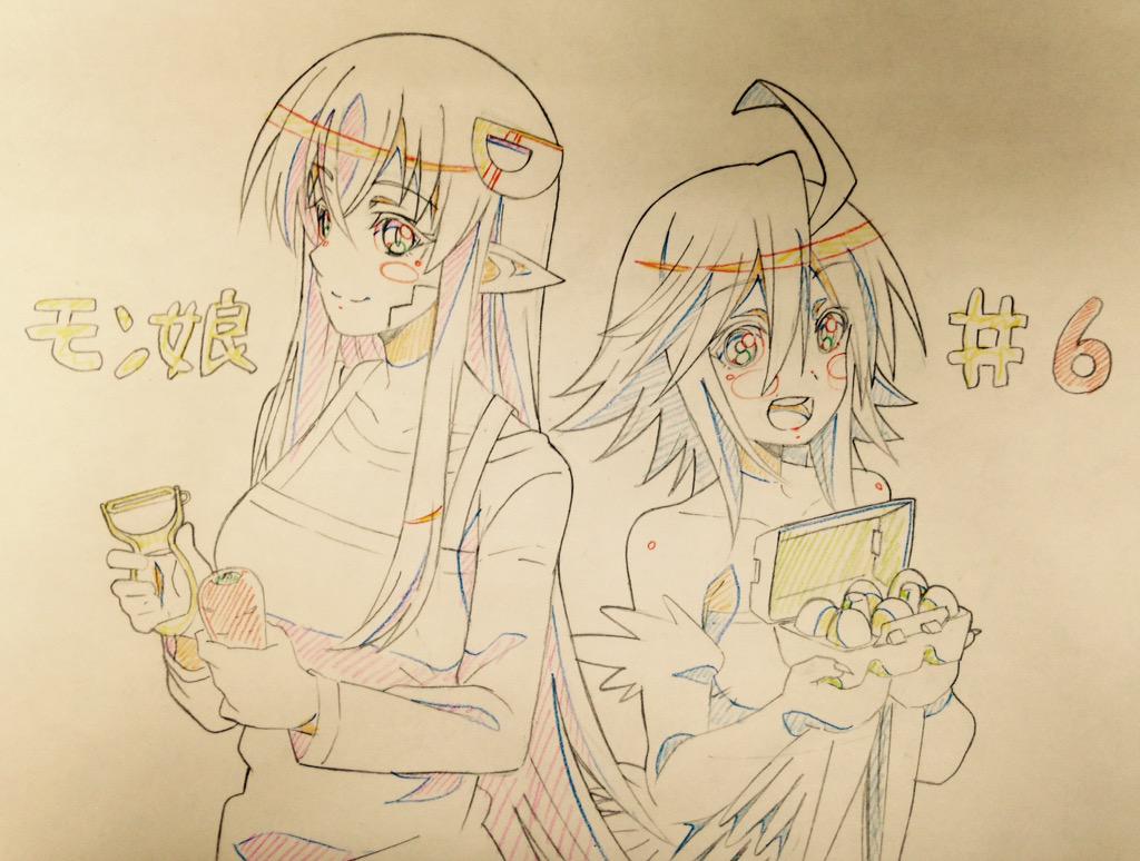 :d ahoge apron bare_shoulders blush_stickers carrot collarbone color_trace egg egg_carton feathered_wings feathers hair_ornament hairclip harpy kueru_(yuuki_tamerawanai) lamia long_hair miia_(monster_musume) monster_girl monster_musume_no_iru_nichijou multiple_girls open_mouth papi_(monster_musume) peeler pointy_ears scales sketch slit_pupils smile traditional_media upper_body wings
