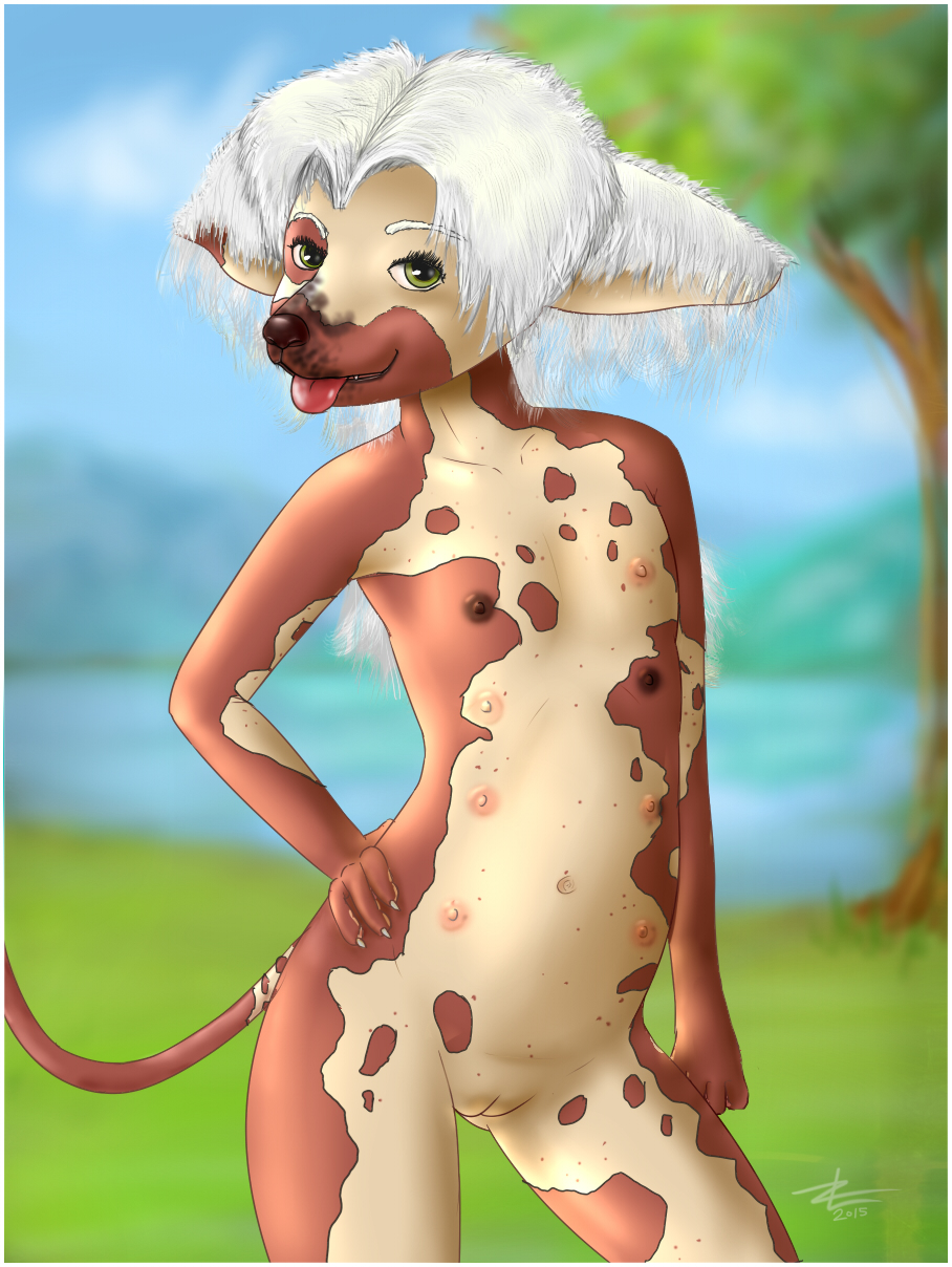 2015 anthro areola breasts canine chinese_crested_dog cub cute dog female hair jinjing-yu looking_at_viewer mammal multi_nipple nipples nude pussy smile solo tongue tongue_out young zekromlover