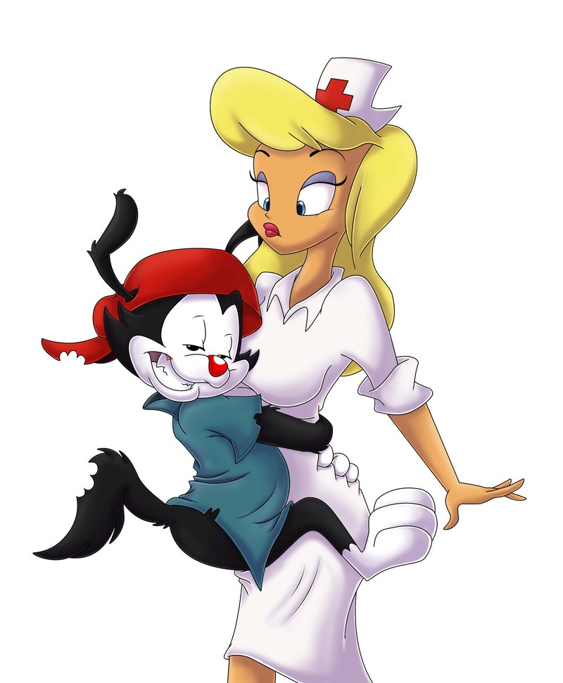 ambiguous_gender animaniacs bottomless clinging clothed clothing duo female half-dressed hand_on_butt hat hello_nurse icelion87 male paws rape_face simple_background smile wakko_warner warner_brothers white_background