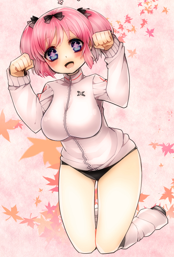 1girl blue_eyes bow breasts buruma commentary_request hair_bow hibari_(senran_kagura) jacket large_breasts looking_at_viewer open_mouth patatata paw_pose pink_hair senran_kagura senran_kagura_shoujo-tachi_no_shin'ei short_hair short_twintails smile solo symbol-shaped_pupils track_jacket twintails