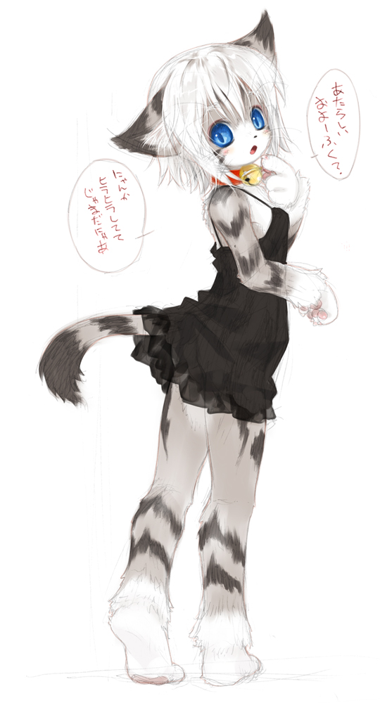 anthro bell bell_collar blue_eyes blush breasts cat claws clothing collar cute feline female fur grey_fur hair happy karin looking_at_viewer mammal open_mouth raised_tail short_hair small_breasts solo standing striped_fur stripes text translation_request whiskers white_hair young
