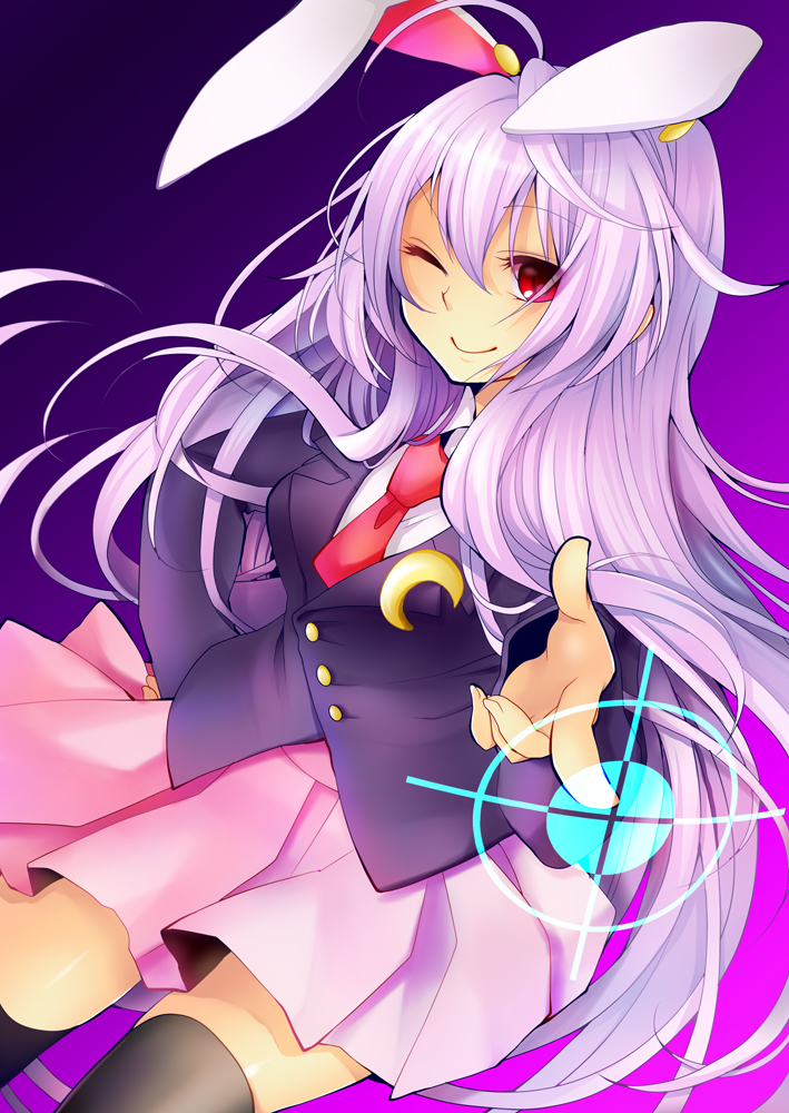 animal_ears black_legwear blazer blouse breasts bunny_ears crescent_moon extra_ears gradient gradient_background hand_on_hip jacket long_hair looking_at_viewer medium_breasts moon necktie one_eye_closed pleated_skirt pointing pointing_at_viewer purple_hair red_eyes reisen_udongein_inaba sakurako_(moutan) skirt smile solo thighhighs touhou very_long_hair