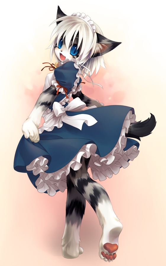 anthro bell blue_eyes cat claws clothing cute feline female fur grey_fur hair happy hindpaw karin looking_at_viewer maid maid_uniform mammal pawpads paws raised_tail solo stripes tetetor-oort whiskers white_hair young