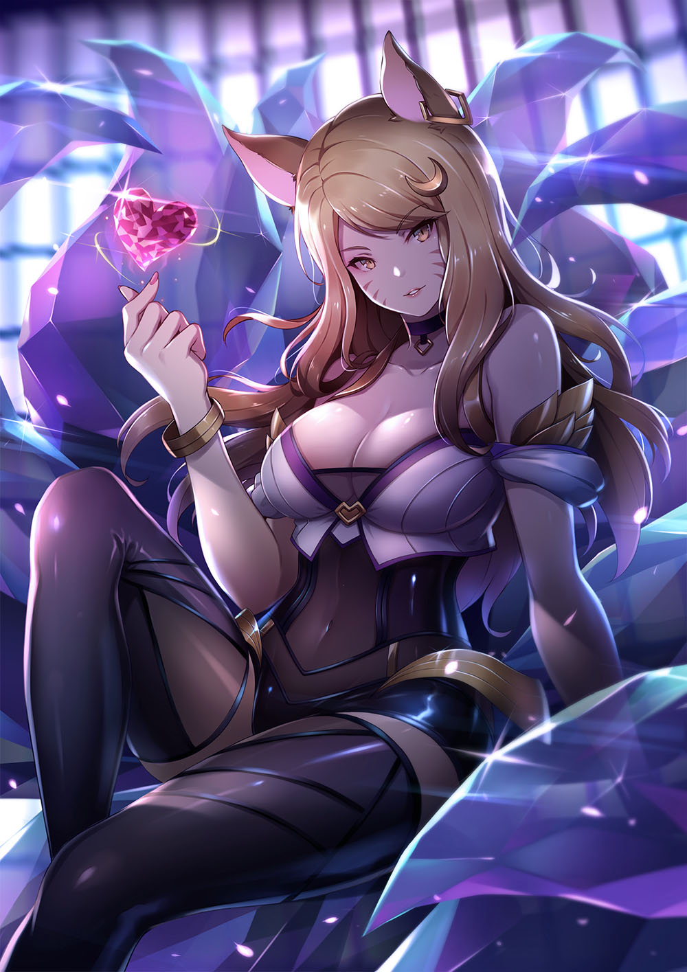 ahri animal_ears arm_support bangs bare_shoulders black_choker black_legwear blonde_hair blurry bracelet breasts choker cleavage collarbone covered_navel crescent crescent_hair_ornament crystal depth_of_field earrings eyebrows_visible_through_hair floating_hair fox_ears fox_tail glint hair_ornament hand_up head_tilt heart highres jewelry k/da_(league_of_legends) k/da_ahri kiyo_(chaoschyan) knee_up large_breasts league_of_legends light_rays long_hair looking_at_viewer nail_polish parted_lips petals pink_nails shiny shiny_clothes shiny_hair shiny_skin sitting skin_tight smile solo sunlight swept_bangs tail thighhighs transparent tsurime whisker_markings yellow_eyes