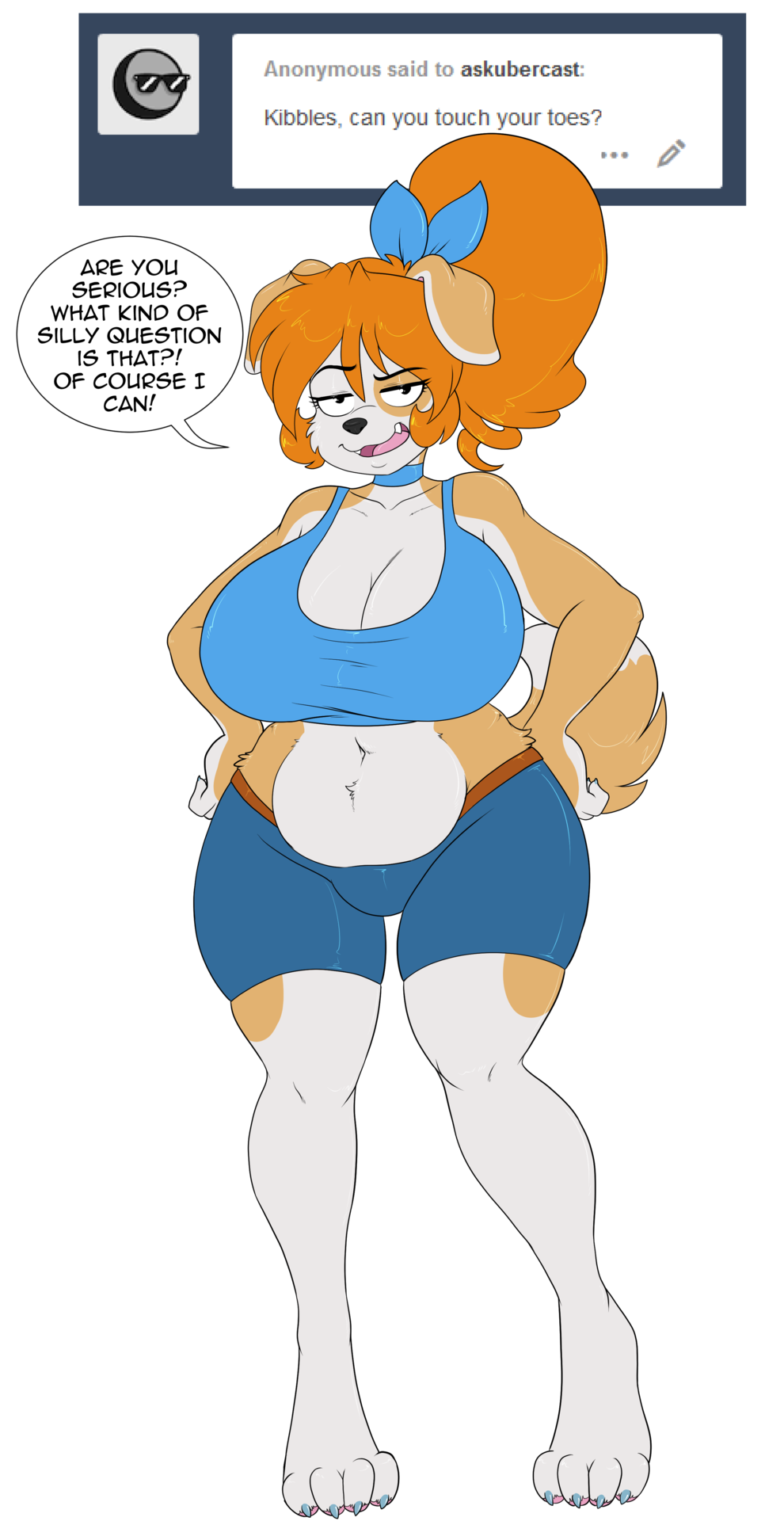 2018 4_toes alpha_channel anthro ask_blog belly big_belly big_breasts biped black_eyes blue_claws bra breasts brown_ears brown_fur brown_tail canine choker claws cleavage clothed clothing collar crop_top dialogue digital_media_(artwork) digitigrade dipstick_tail dog english_text eyebrows eyelashes female floppy_ears full-length_portrait fur hair hands_on_hips hi_res huge_breasts kibbles long_hair looking_at_viewer mammal midriff multicolored_fur multicolored_tail navel orange_hair overweight paws ponytail portrait potbelly raised_eyebrow shirt shorts simple_background skidd slightly_chubby solo speech_bubble sports_bra standing tank_top teeth text thick_thighs thigh_gap tight_clothing toe_claws toes transparent_background tumblr two_tone_ears two_tone_fur two_tone_tail underwear voluptuous white_ears white_fur white_tail wide_hips