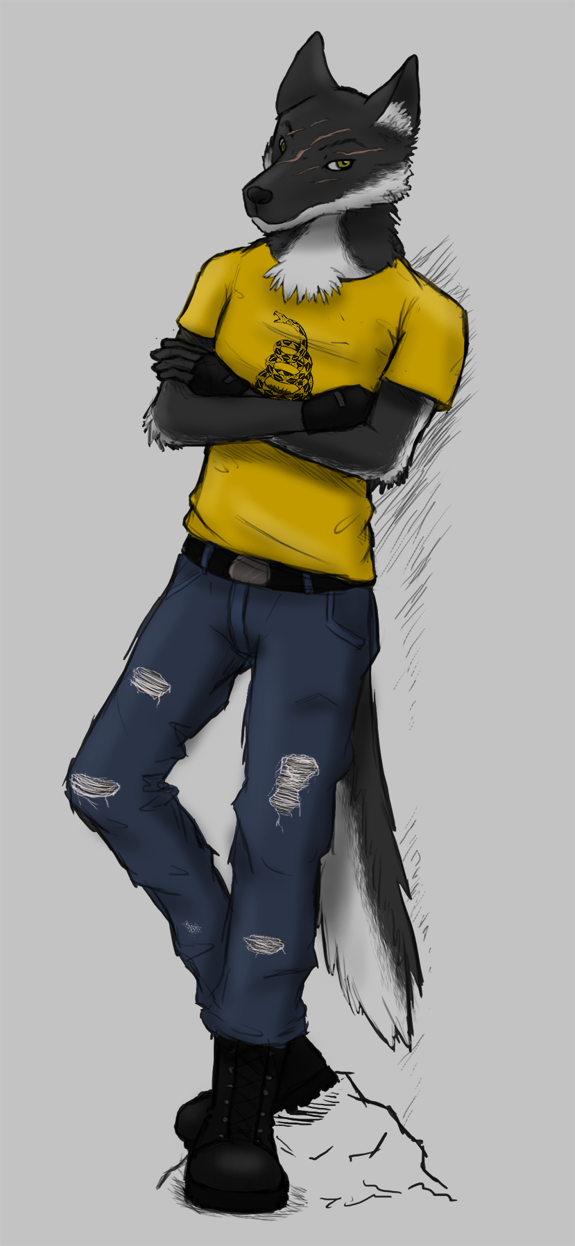 2015 anonymous_artist anthro canine clothing crossed_arms don't_tread_on_me fur gadsden_flag gloves male mammal rusty scar solo torn_clothing wolf yellow_eyes