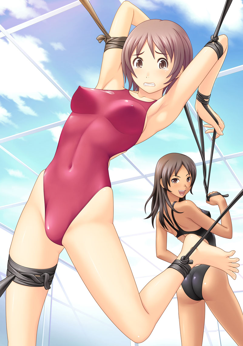 armpits ass barefoot bdsm bondage bound breasts brown_eyes brown_hair competition_swimsuit copyright_request covered_nipples dark_skin feet femdom highleg highleg_swimsuit kuri_(kurigohan) large_breasts multiple_girls one-piece_swimsuit perky_breasts short_hair speedo_(company) spread_toes swimsuit tears toes