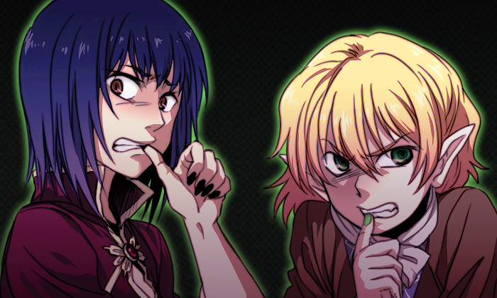428 angry biting blonde_hair blue_hair canaan crossover green_eyes hands liang_qi mizuhashi_parsee multiple_girls pointy_ears rex_k short_hair thumb_biting touhou trait_connection