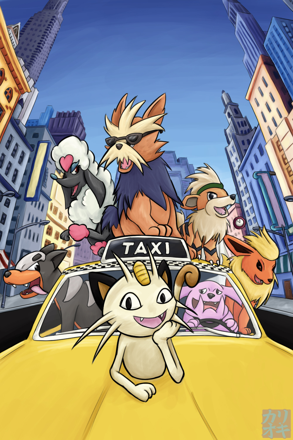 2014 ambiguous_gender canine cat city clock crossover dog eeveelution feline female flareon furfrou granbull group growlithe herdier houndour kariohki mammal meowth nintendo oliver_and_company open_mouth paws pok&eacute;mon poodle sky taxi tongue video_games