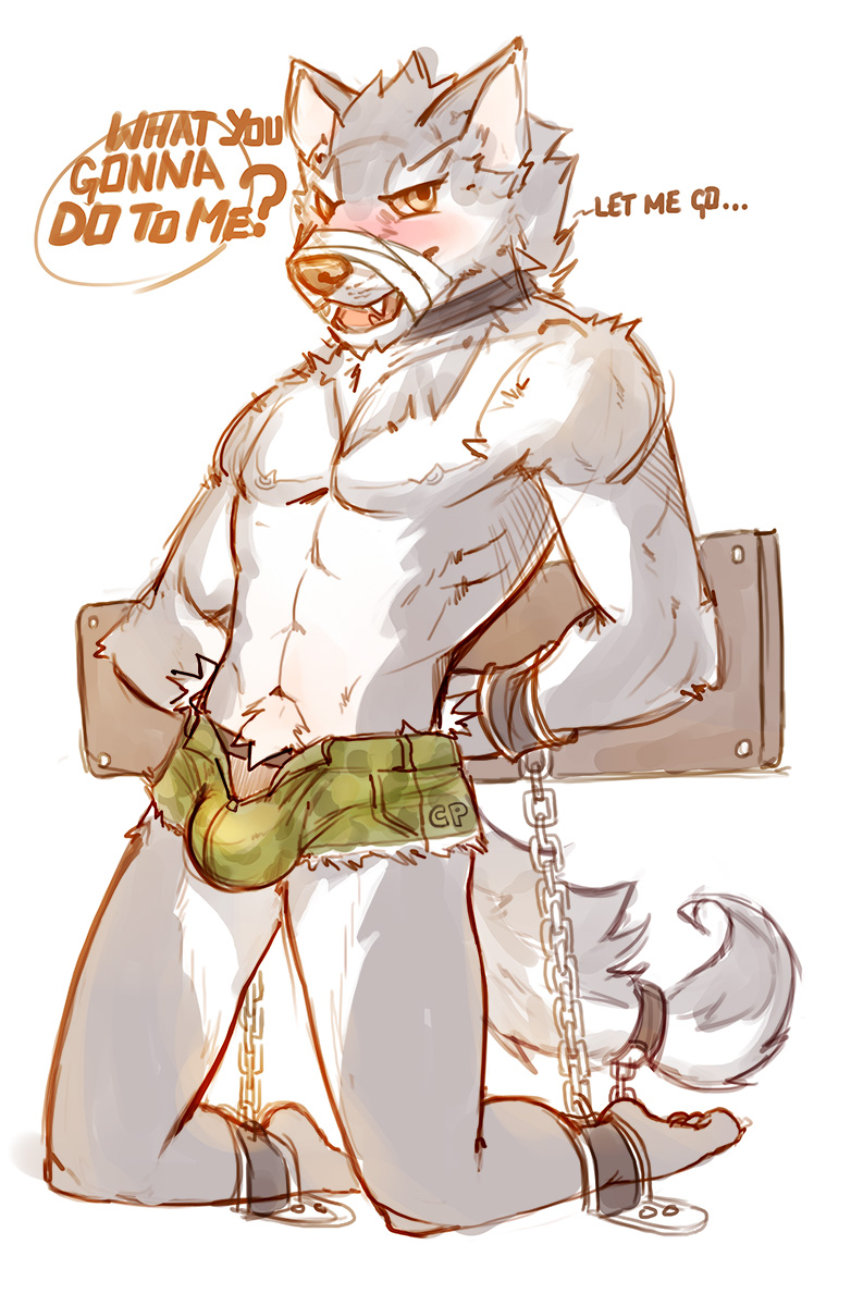 abs anthro biceps blue_eyes blush bound brown_nose bulge canine chain cheetahpaws clothed clothing denim_shorts english_text fangs fur hair half-dressed male mammal muscles nipples pecs piercing shackles shorts solo teeth text toned topless underwear white_fur wolf