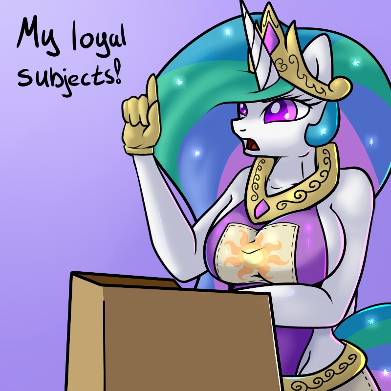 anthro big_breasts breasts english_text equine female friendship_is_magic horn mammal my_little_pony princess_celestia_(mlp) slavedemorto solo text winged_unicorn wings