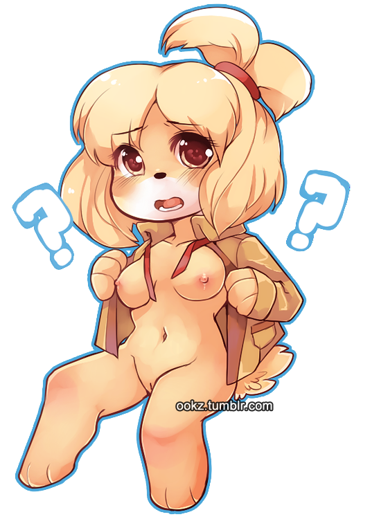 animal_crossing black_nose blush breasts canine clothing dog female hair isabelle_(animal_crossing) mammal nintendo nipples ookami-kun open_mouth pussy shih_tzu solo tongue undressing video_games