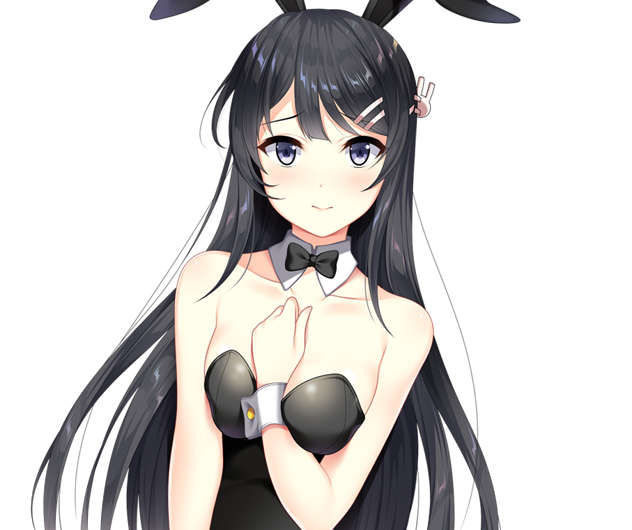 1girl animal_ears arm_between_breasts bangs bare_shoulders black_hair black_leotard black_neckwear blush bow bowtie breasts bunny_ears bunny_hair_ornament closed_mouth collar collarbone commentary_request detached_collar dutch_angle eyebrows_visible_through_hair hair_ornament hairclip hand_up leotard long_hair looking_at_viewer medium_breasts purple_eyes sakurajima_mai seishun_buta_yarou simple_background solo strapless strapless_leotard verjuice very_long_hair white_background white_collar wrist_cuffs