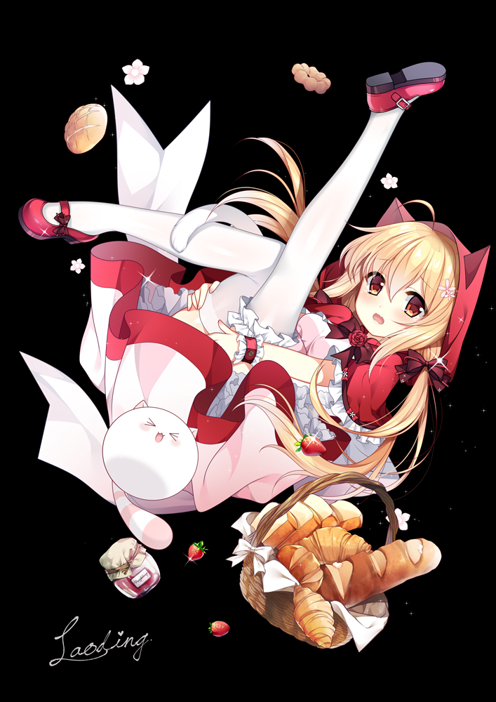 &gt;_&lt; 1girl :d ahoge animal animal_ears animal_hood baguette bangs basket black_background blonde_hair blush bow bread breasts capelet cat cat_ears cat_girl cat_hood cat_tail copyright_request eyebrows_visible_through_hair eyes_closed flower food fruit hair_between_eyes hair_bow hair_flower hair_ornament hood hood_up hooded_capelet jar legs_up long_hair low_twintails mary_janes medium_breasts official_art open_mouth pink_flower red_bow red_capelet red_eyes red_flower red_footwear red_rose rose shirt shoe_soles shoes simple_background skirt smile solo strawberry tail tears thighhighs twintails verjuice very_long_hair wavy_mouth white_flower white_legwear white_shirt white_skirt wrist_cuffs xd