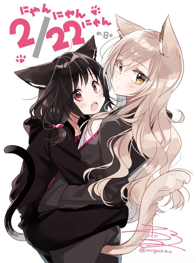 2girls animal_ear_fluff animal_ears bangs black_hair black_jacket black_pants blush breasts brown_eyes cat_day cat_ears cat_girl cat_tail closed_mouth commentary_request dated eyebrows_visible_through_hair fish_hair_ornament grey_jacket grey_pants hair_between_eyes hair_ornament hand_in_pocket hood hood_down hooded_jacket jacket leg_lock light_brown_hair long_hair looking_at_viewer looking_to_the_side medium_breasts multiple_girls open_mouth original pants red_eyes shirt signature simple_background tail tail_raised translation_request twitter_username very_long_hair white_background white_shirt yukiko_(tesseract)