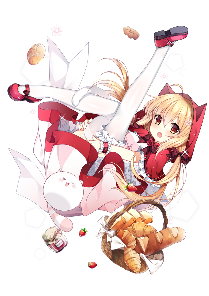 &gt;_&lt; 1girl :d ahoge animal animal_ears animal_hood baguette bangs basket blonde_hair blush bow bread breasts capelet cat cat_ears cat_girl cat_hood cat_tail commentary_request copyright_request eyebrows_visible_through_hair eyes_closed flower food fruit hair_between_eyes hair_bow hair_flower hair_ornament hood hood_up hooded_capelet jar legs_up long_hair low_twintails mary_janes medium_breasts official_art open_mouth pink_flower red_bow red_capelet red_eyes red_flower red_footwear red_rose rose shirt shoe_soles shoes skirt slice_of_bread smile solo strawberry tail thighhighs transparent_background twintails verjuice very_long_hair white_flower white_legwear white_shirt white_skirt wrist_cuffs xd